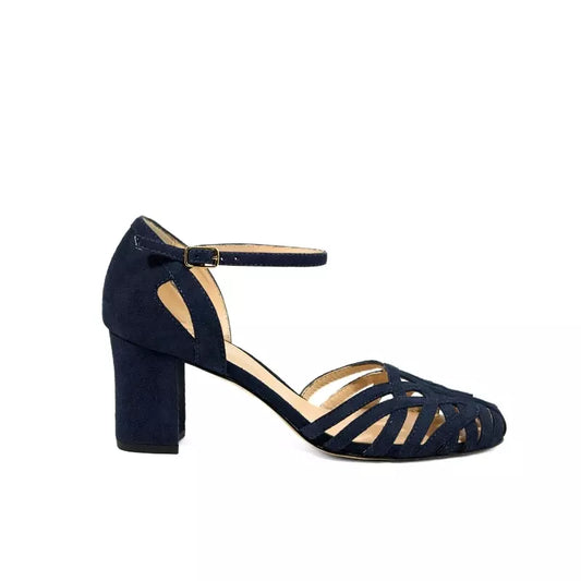 Sandalo in camoscio blu marino con tomaia intrecciata e tacco largo