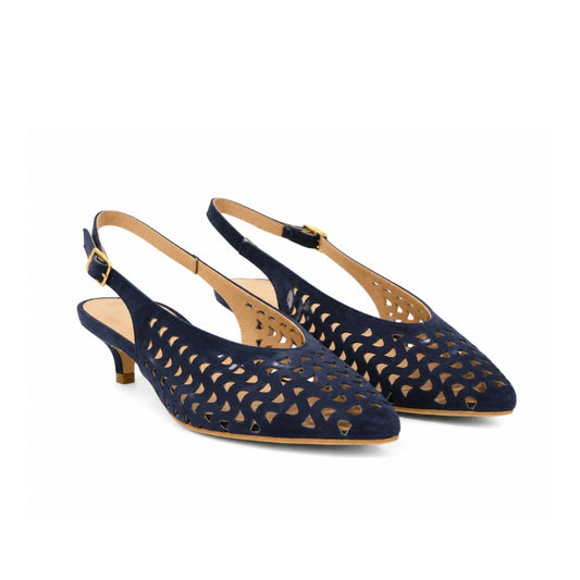 Slingback camoscio blu traforata con tacco basso