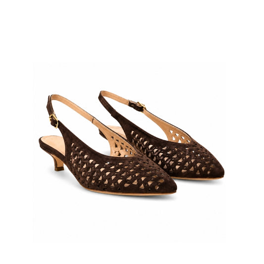 Slingback camoscio moro traforata con tacco basso