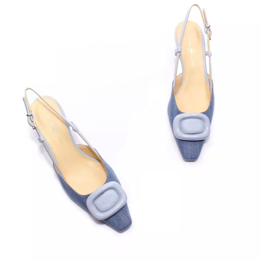 Slingback donna in denim blu con maxi fibbia e tacco trapezio | Michele Lopriore