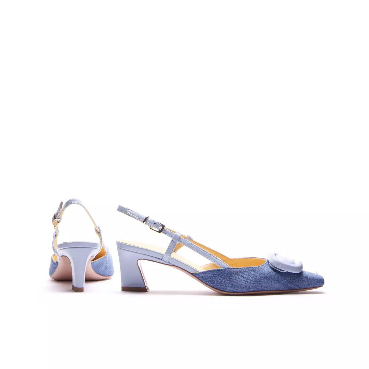Slingback donna in denim blu con maxi fibbia e tacco trapezio | Michele Lopriore