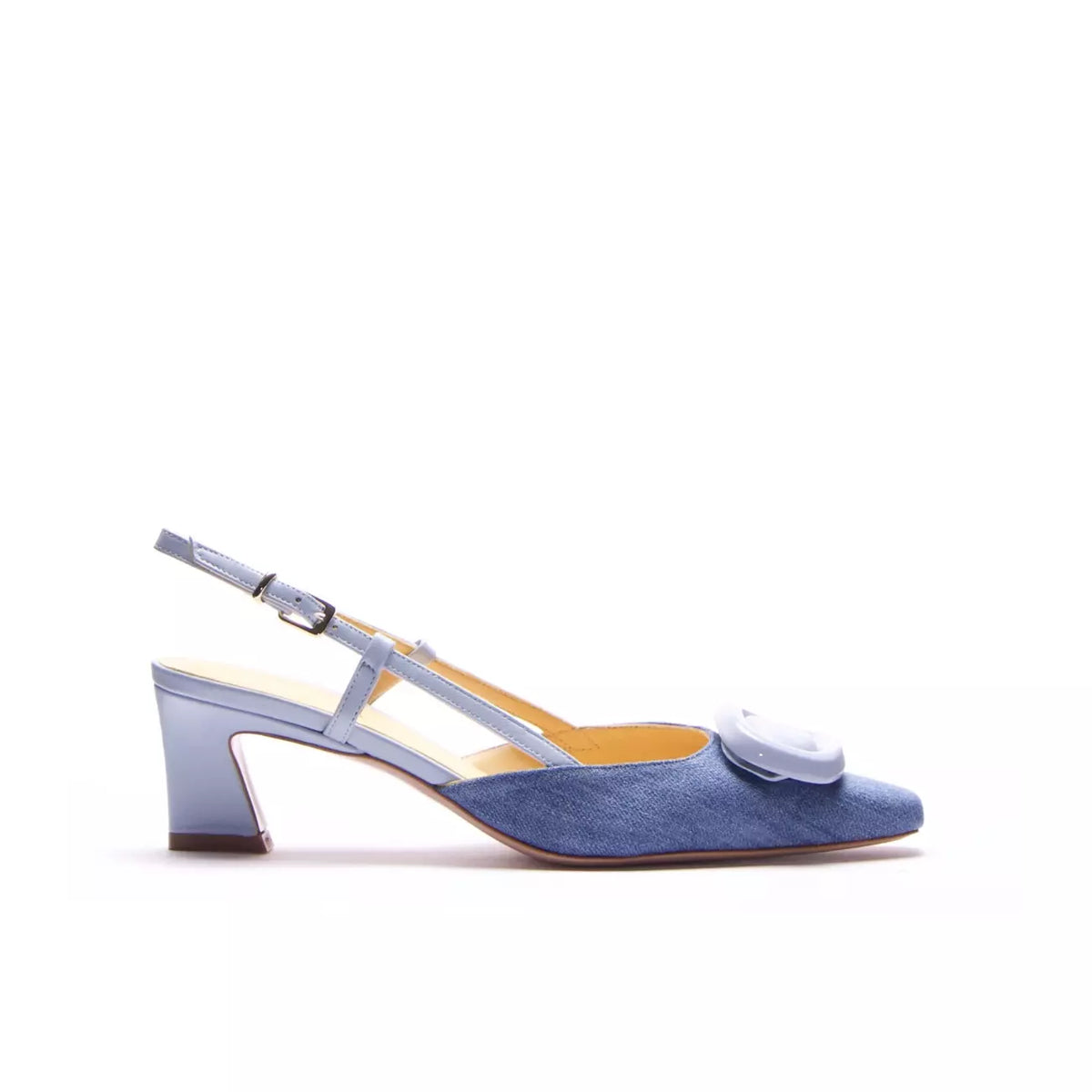 Slingback donna in denim blu con maxi fibbia e tacco trapezio | Michele Lopriore