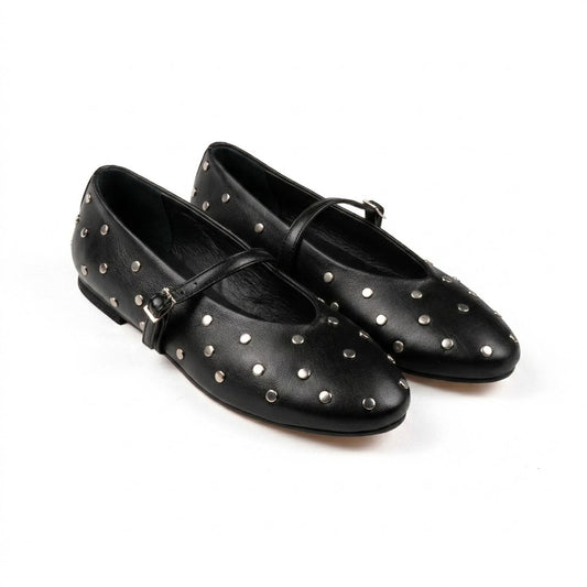 BALLERINA MARY JANE IN NAPPA NERA CON BORCHIE ARGENTO E CINTURINO