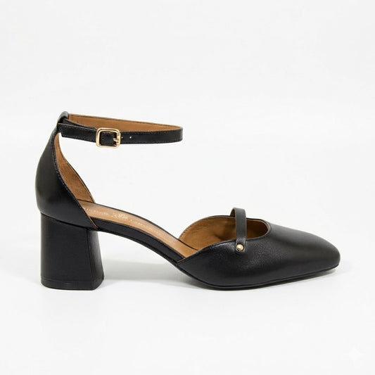 MARY JANE IN NAPPA NERA CON DOPPIO CINTURINO E TACCO LARGO