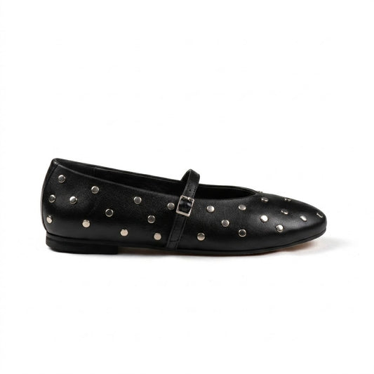 BALLERINA MARY JANE IN NAPPA NERA CON BORCHIE ARGENTO E CINTURINO